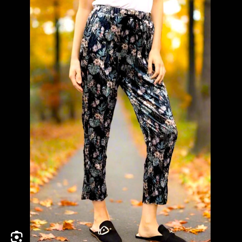 NEW MYSTREE Elastic Waist Tassel Tie Crinkle Floral Print Velvet Pants Size S